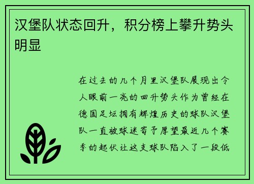汉堡队状态回升，积分榜上攀升势头明显